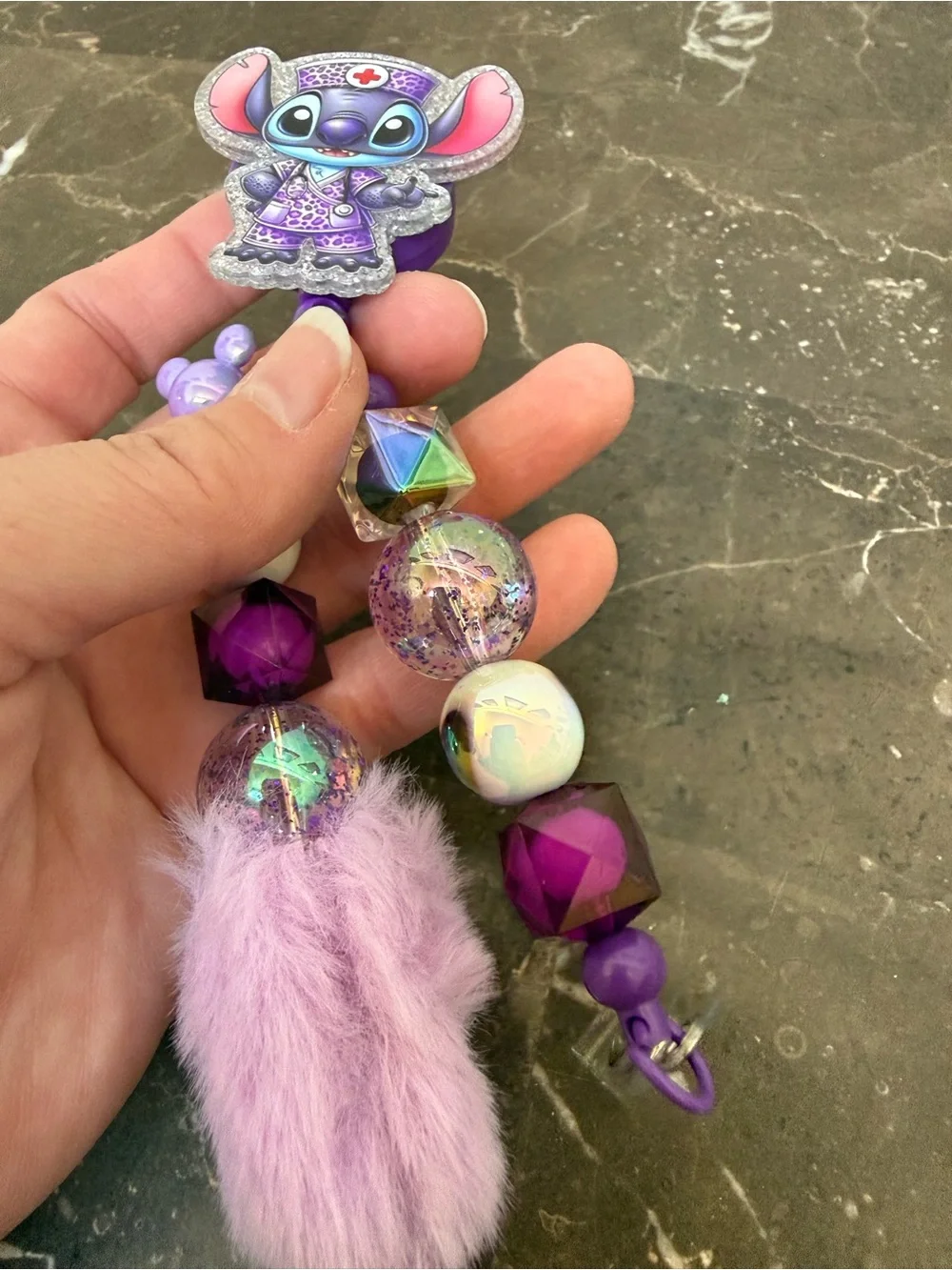 Stitch Nurse Purple Fuzzy Beaded Pen and Matching Badge Reel Set Handmade